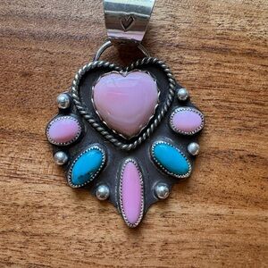 Sterling Silver Pink Conch Heart and Kingman Turquoise Pendant